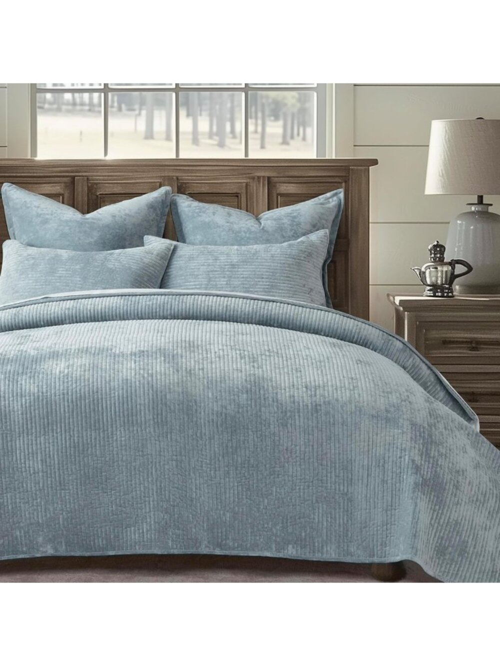 Queen Size Striped Velvet Quilt Set - Soft Blue Linen Bedding for Cozy Comfort